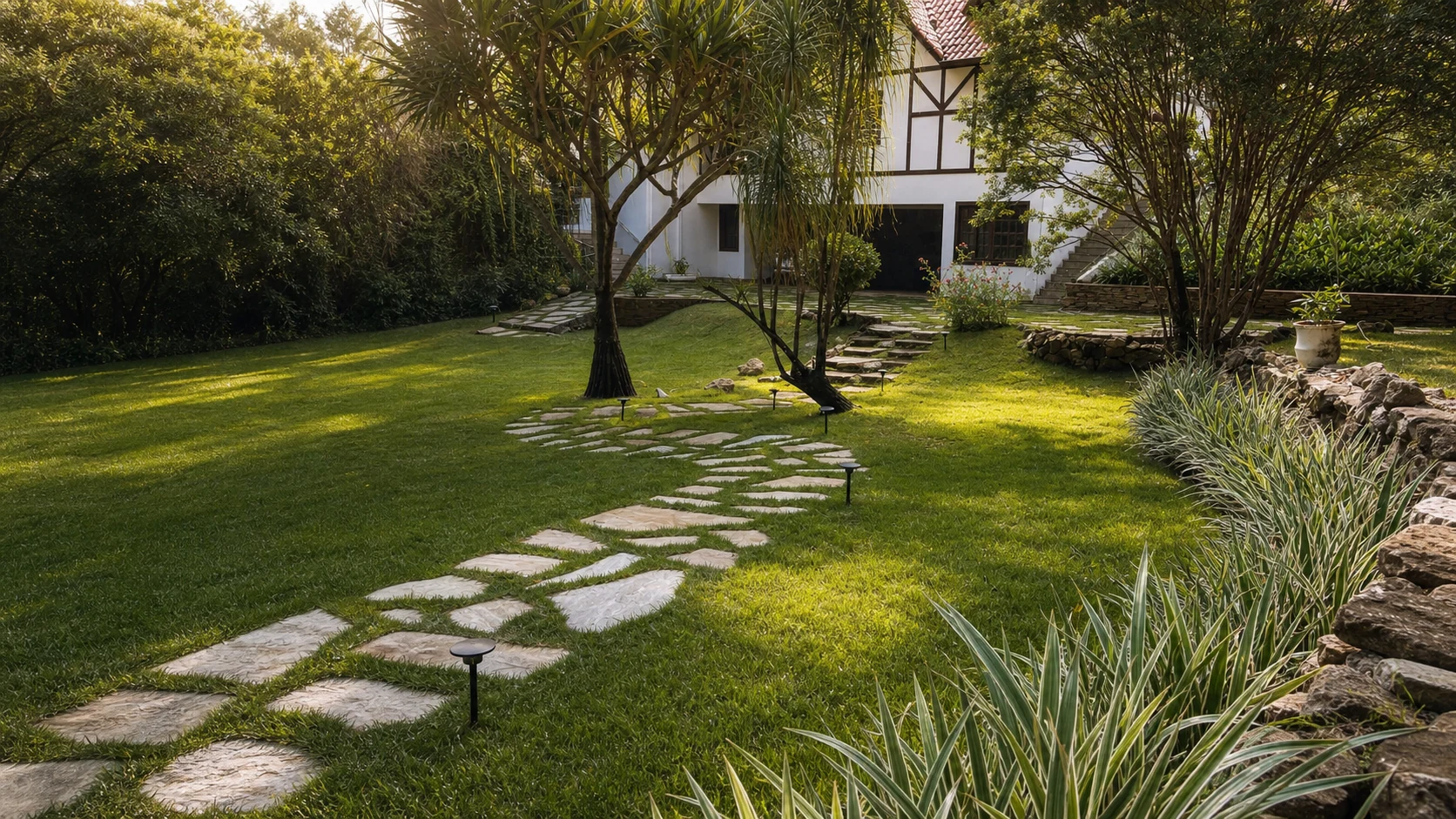 Jardim residencial com caminho de pedras, gramado e paisagismo em Belo Horizonte