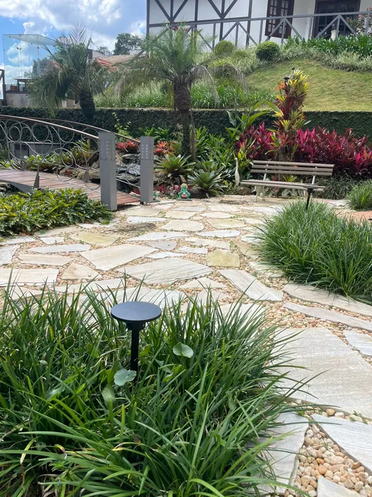 Caminho de pedras naturais com vegetação e iluminação de jardim